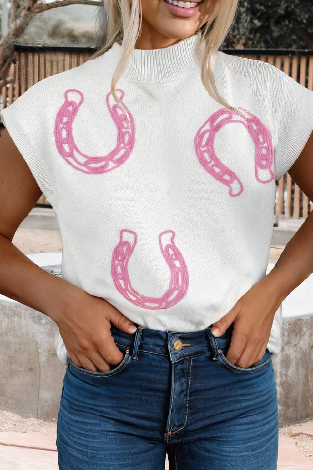 Spring Western Cowgirl Horseshoe Mock Neck Knit Top