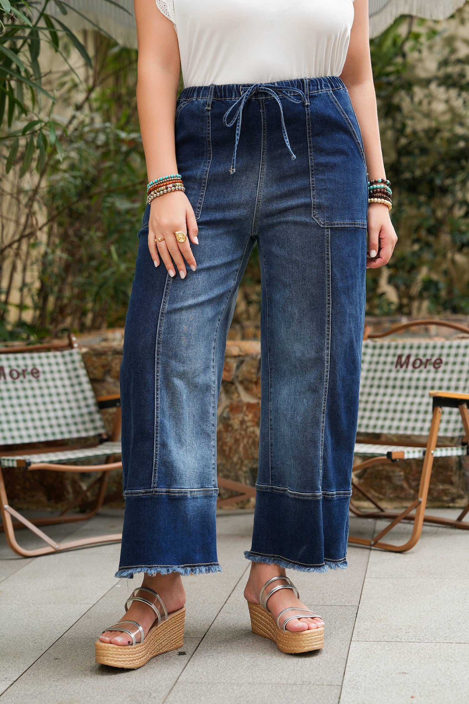 Drawstring Seam Detail Raw Hem Wide Leg Denim Pants