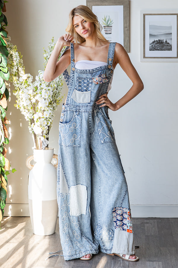 Multi Patch Denim Overalls