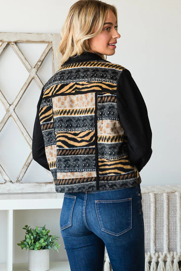 JACQUARD MIXED SUEDE MOTO JACKET-BLACK