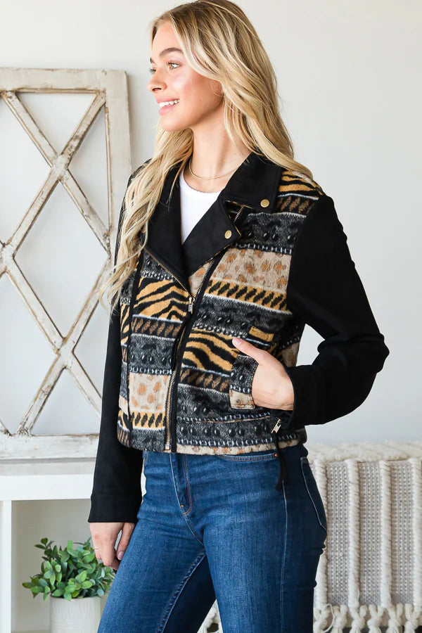 JACQUARD MIXED SUEDE MOTO JACKET-BLACK