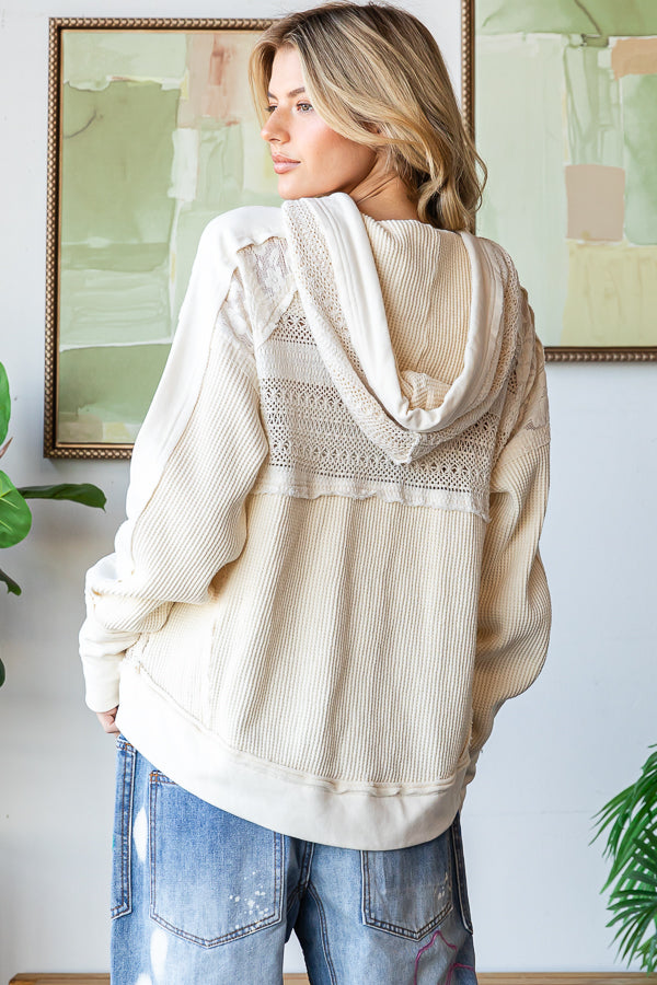 Washed Waffle Lace Zip Up Long Sleeve Jacket