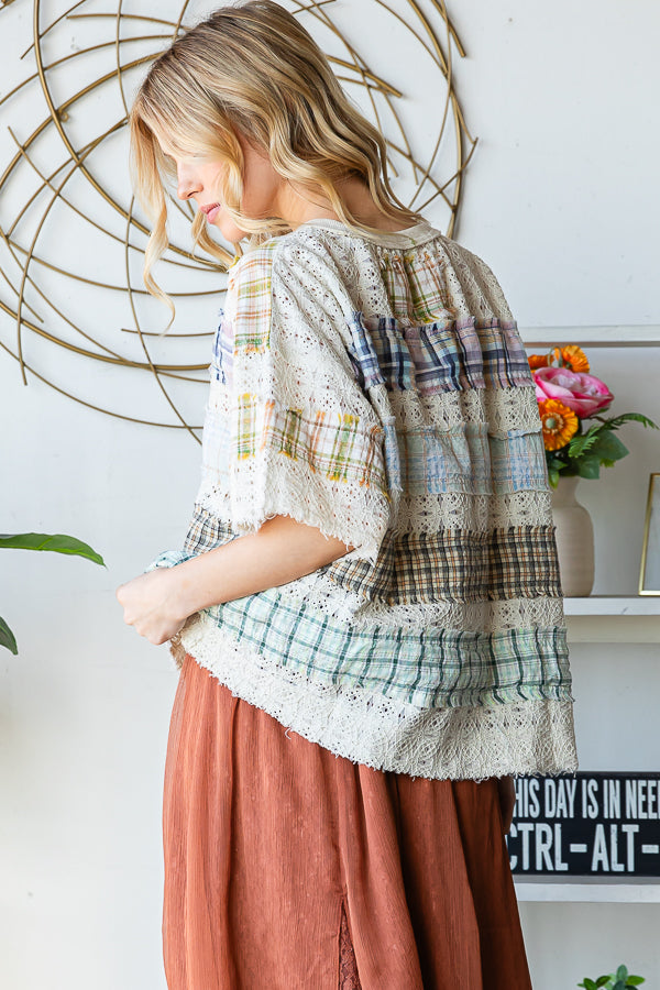 Washed Lace and Plaid Mix Top