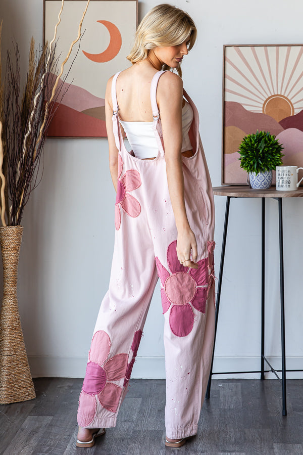 Washed Big Floral Pink Overalls
