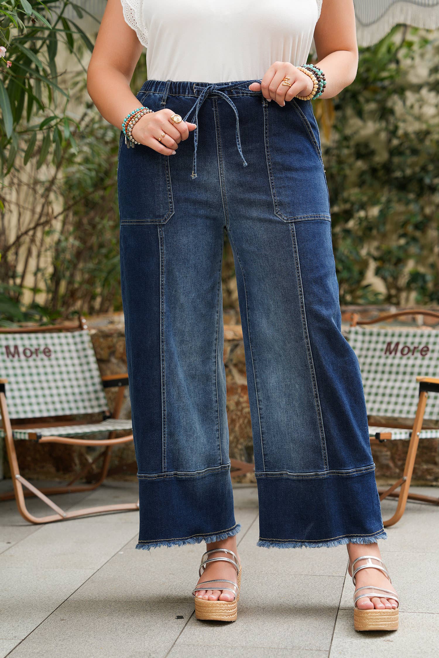 Drawstring Seam Detail Raw Hem Wide Leg Denim Pants