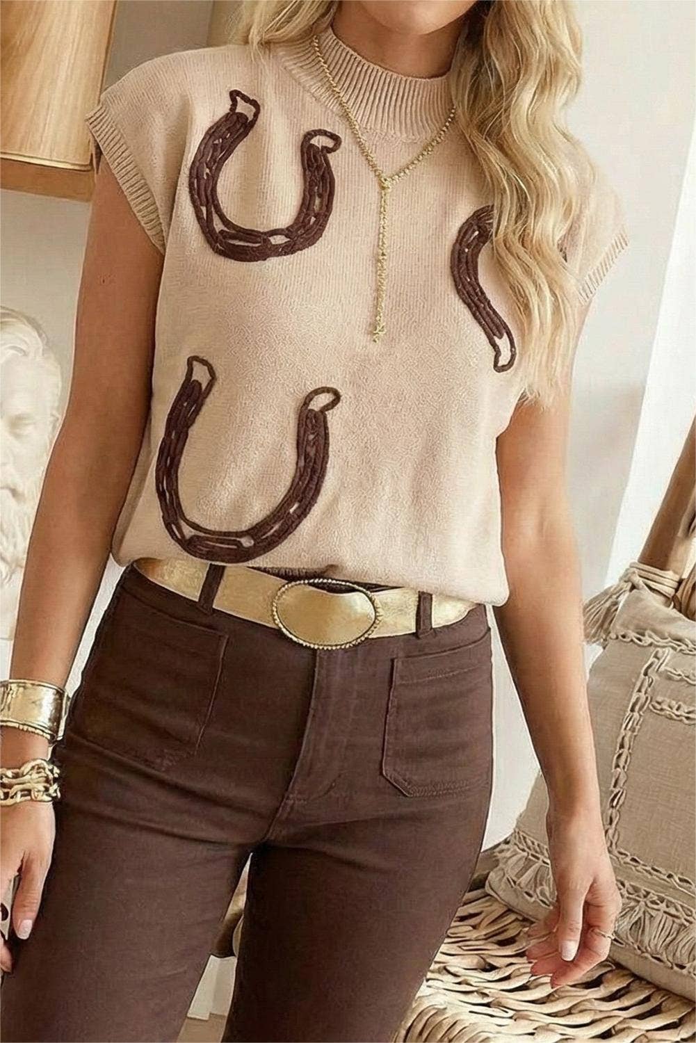 Spring Western Cowgirl Horseshoe Mock Neck Knit Top