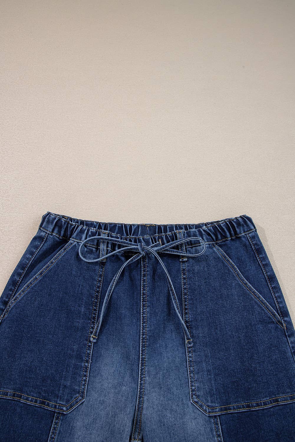 Drawstring Seam Detail Raw Hem Wide Leg Denim Pants