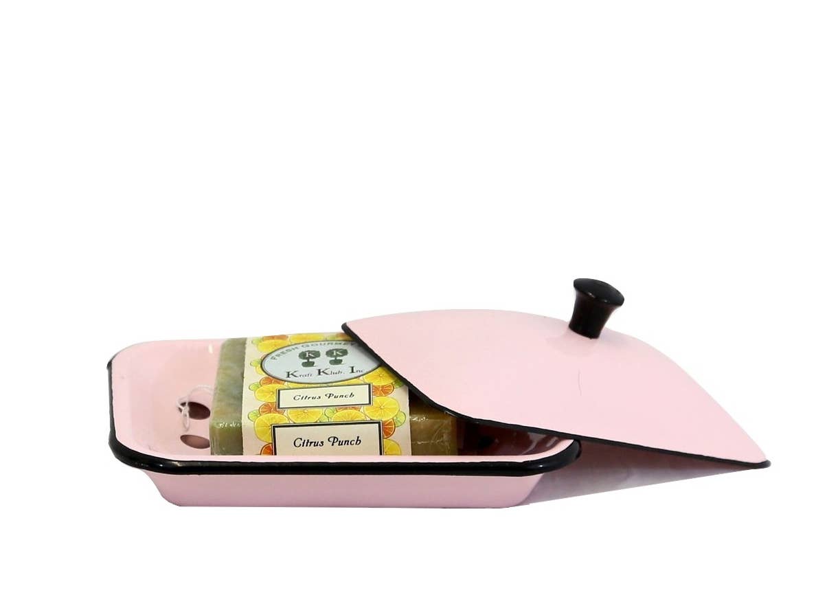 ENAMEL OVAL SOAP DISH WITH LID: Pink