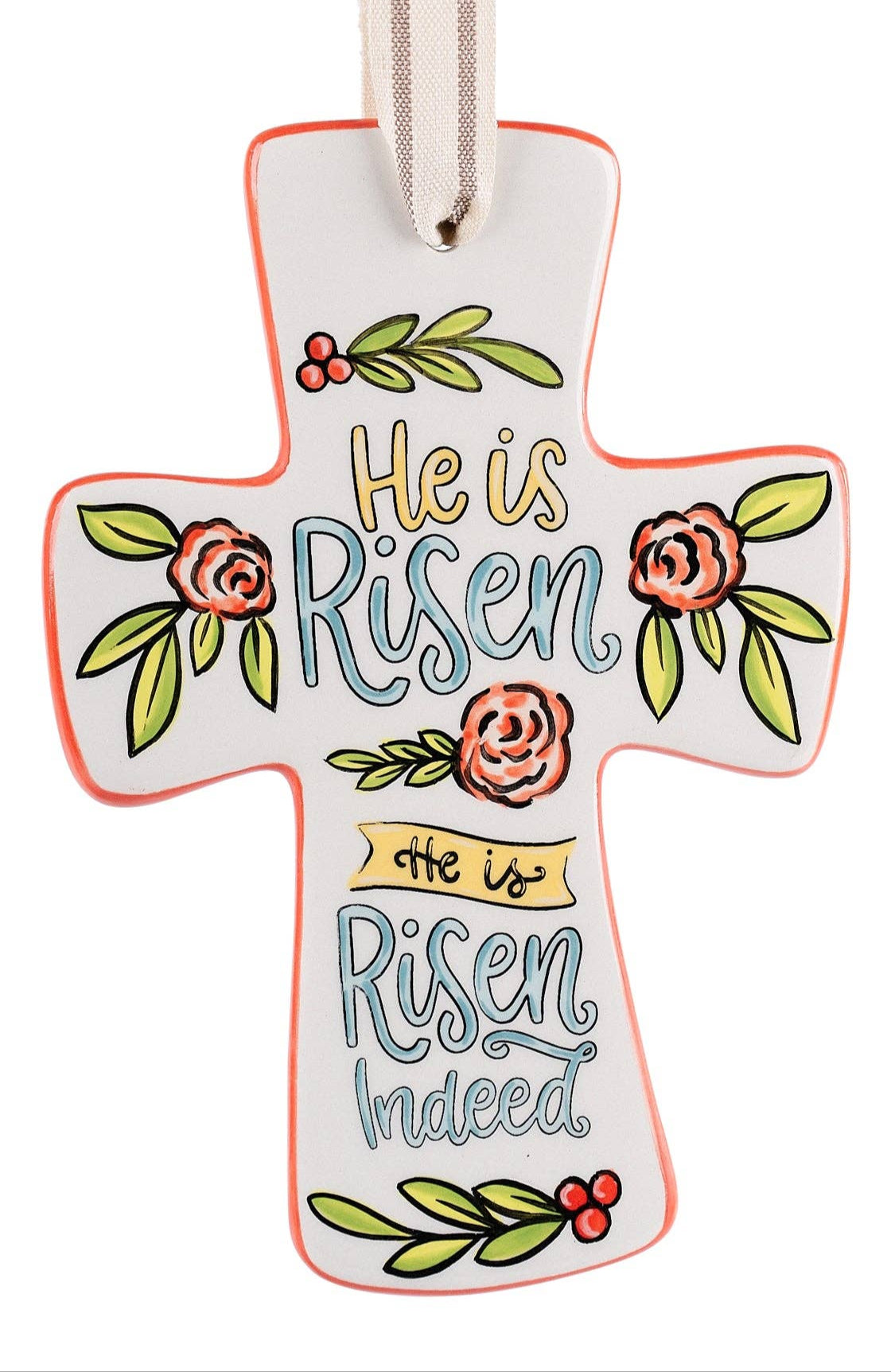 A decorative cross with the text 'He is Risen, Indeed' and floral designs.