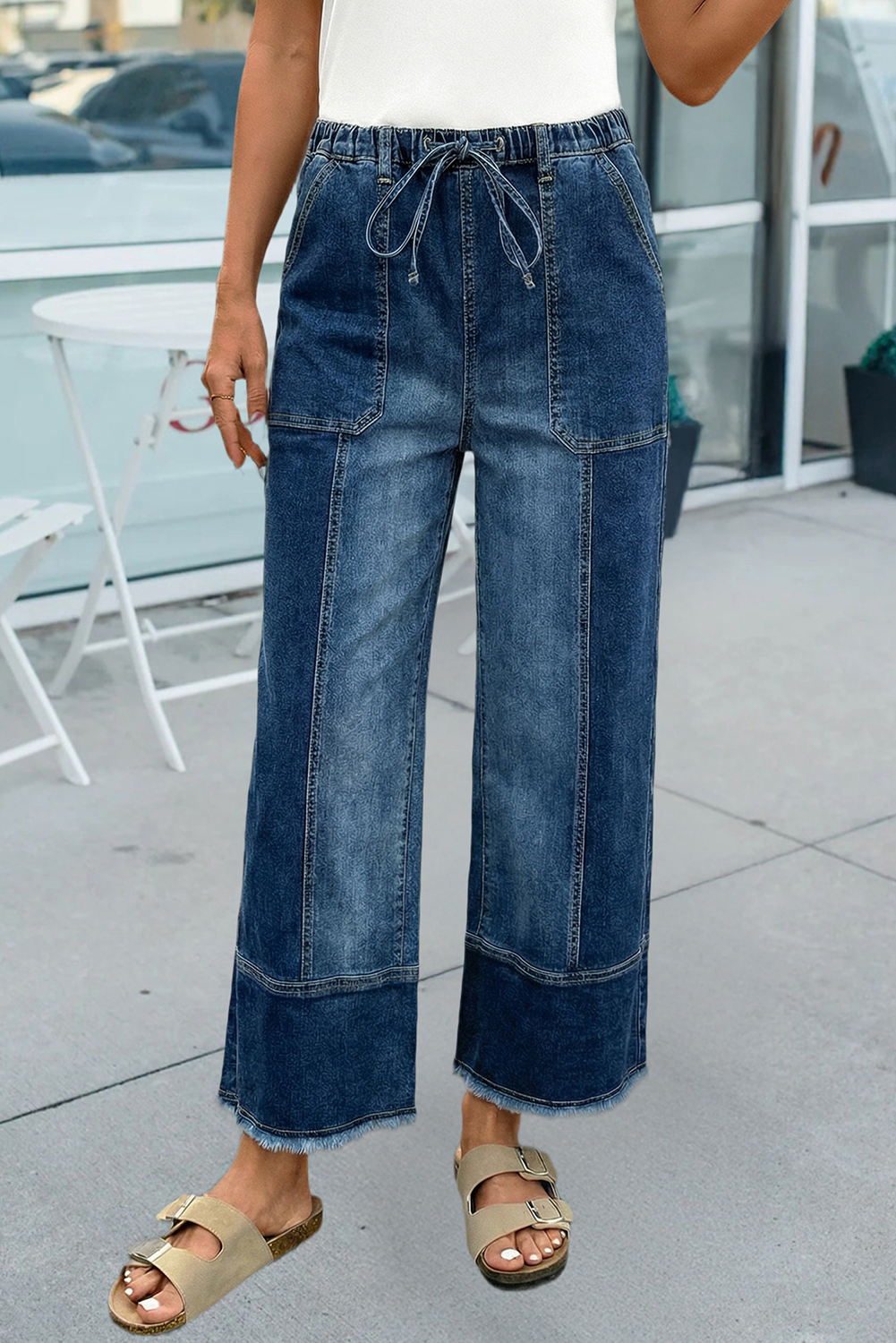 Drawstring Seam Detail Raw Hem Wide Leg Denim Pants