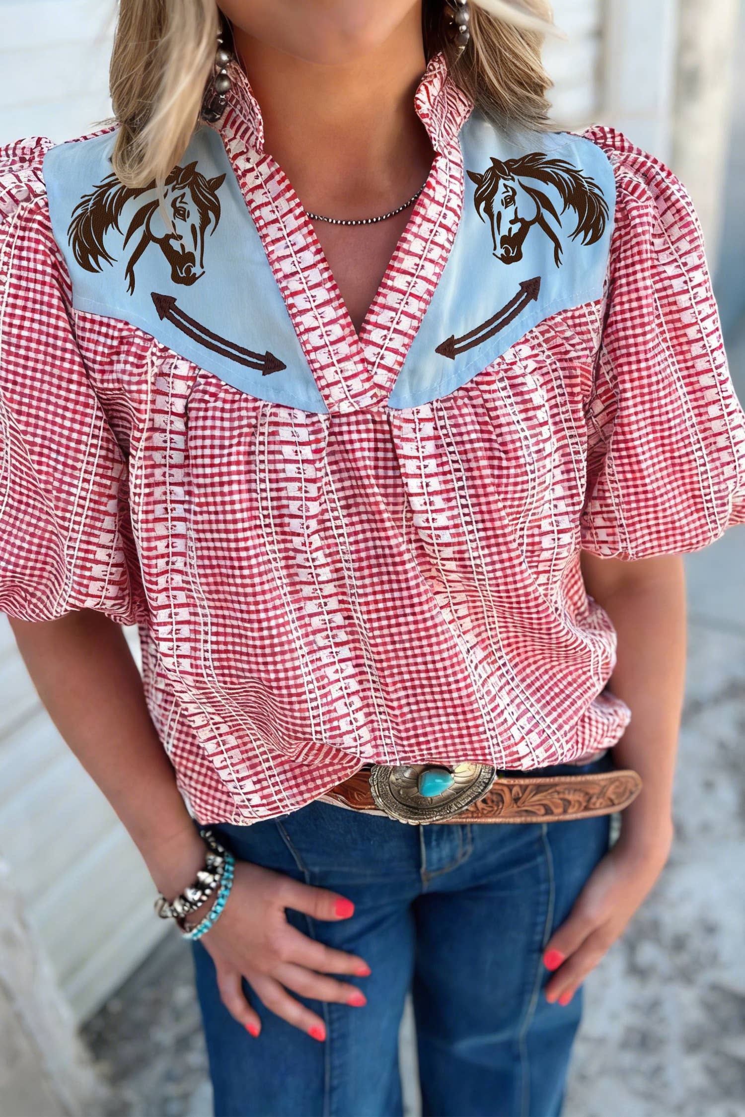 Western Pony Embroidered Yoke Puff Sleeve Blouse
