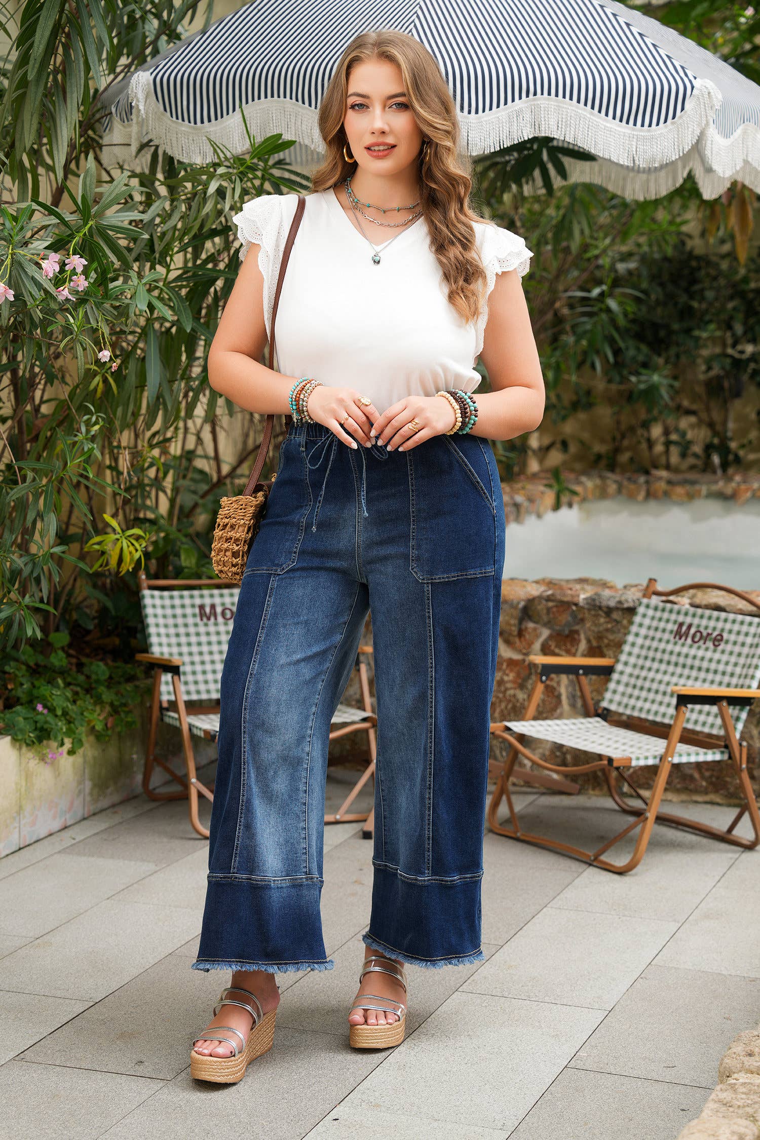 Drawstring Seam Detail Raw Hem Wide Leg Denim Pants
