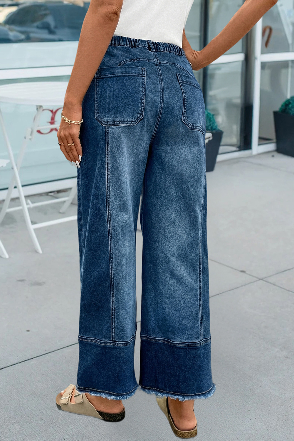 Drawstring Seam Detail Raw Hem Wide Leg Denim Pants
