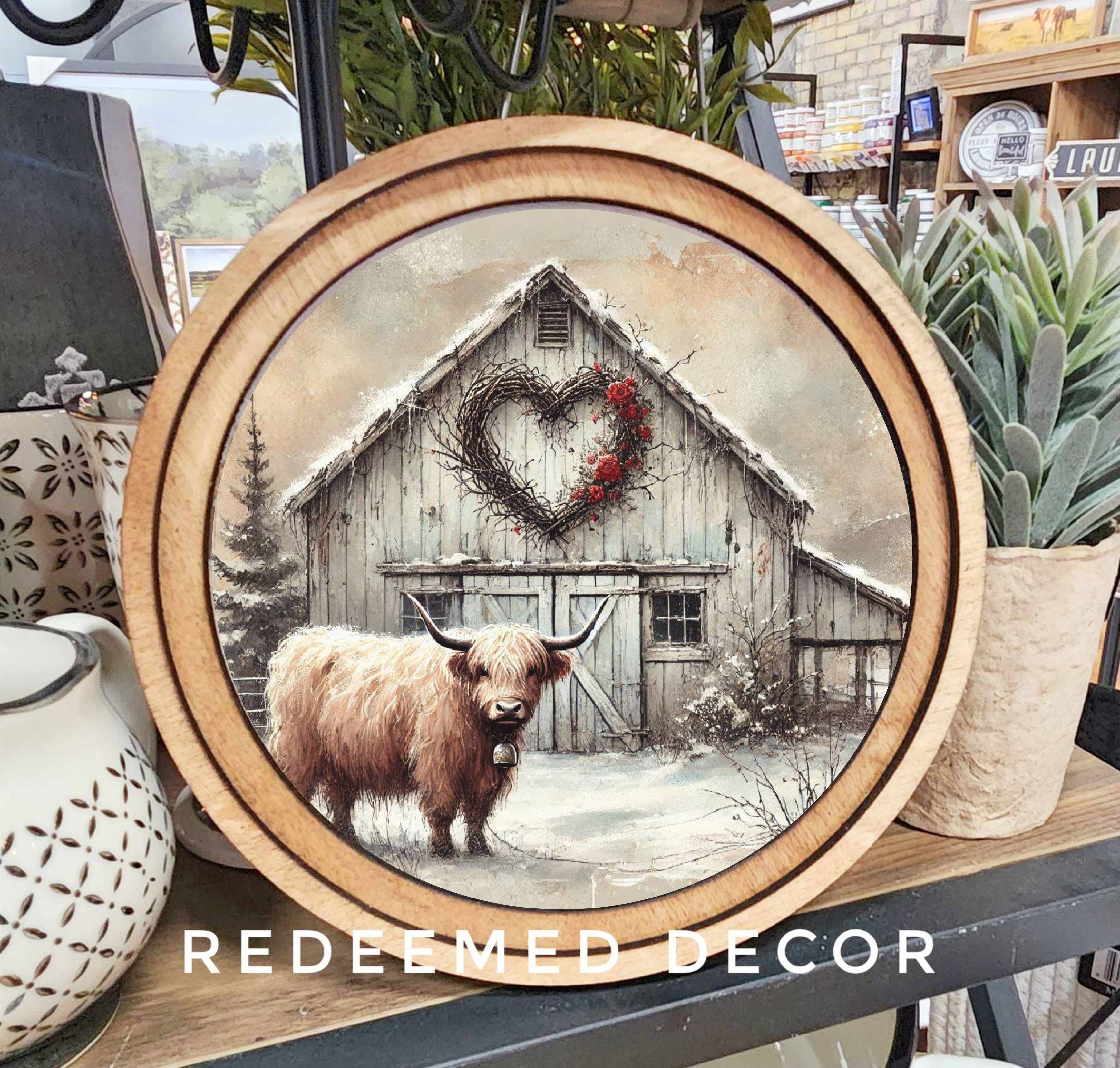 8" Round Valentine Highland Barn Art