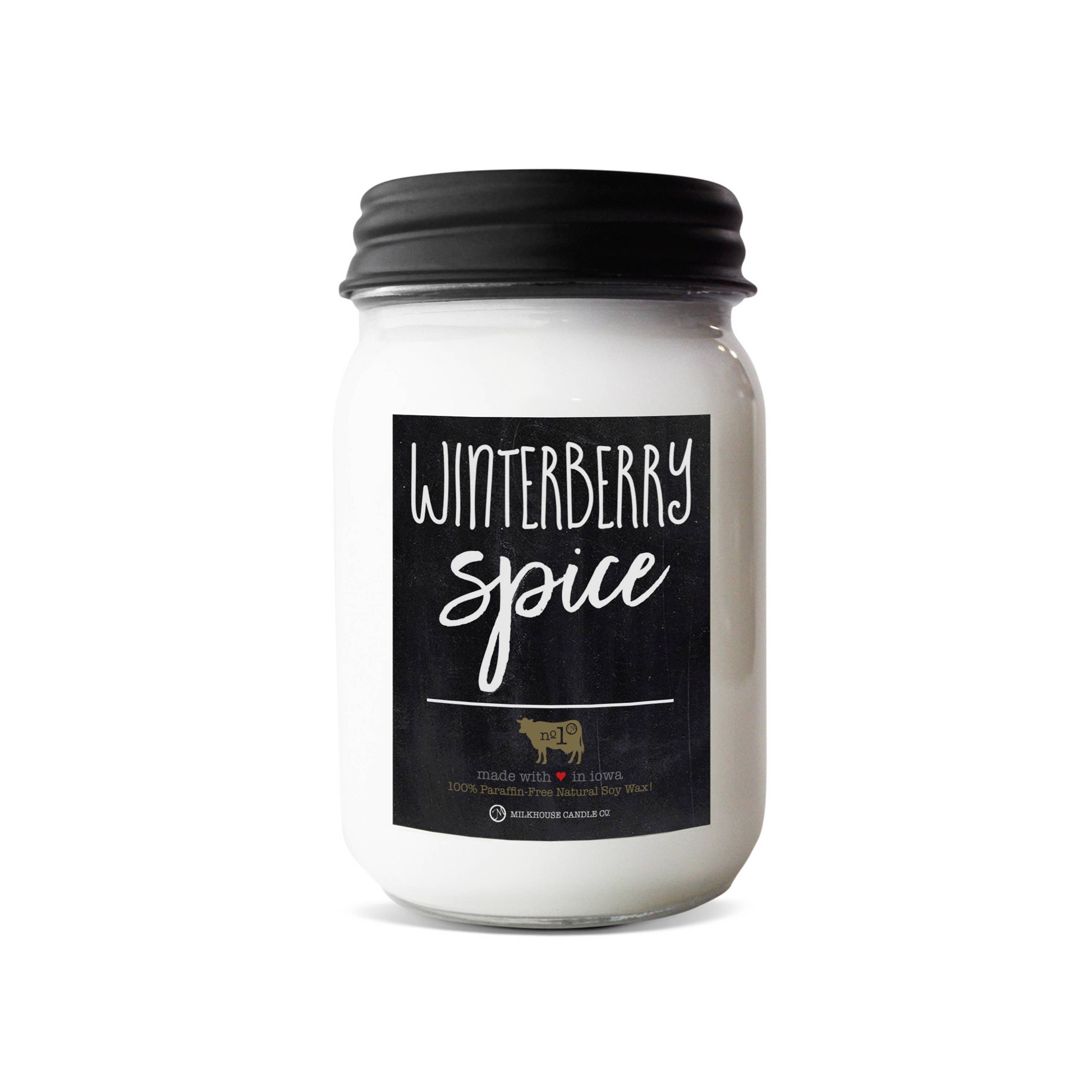 A 13 oz Mason jar candle labeled 'Winterberry Spice' with a black lid on a white background.