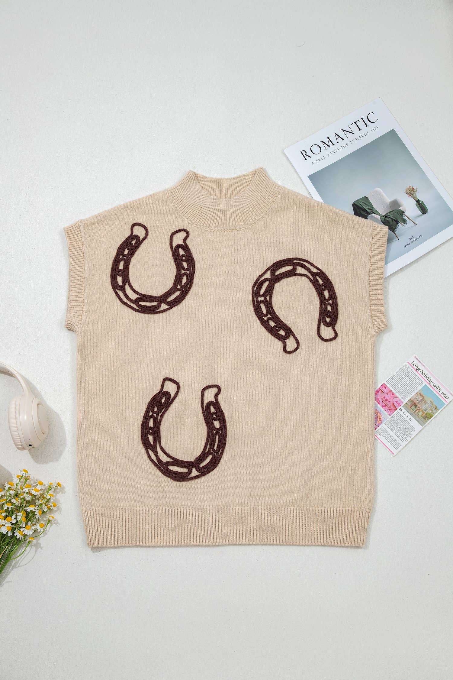 Spring Western Cowgirl Horseshoe Mock Neck Knit Top