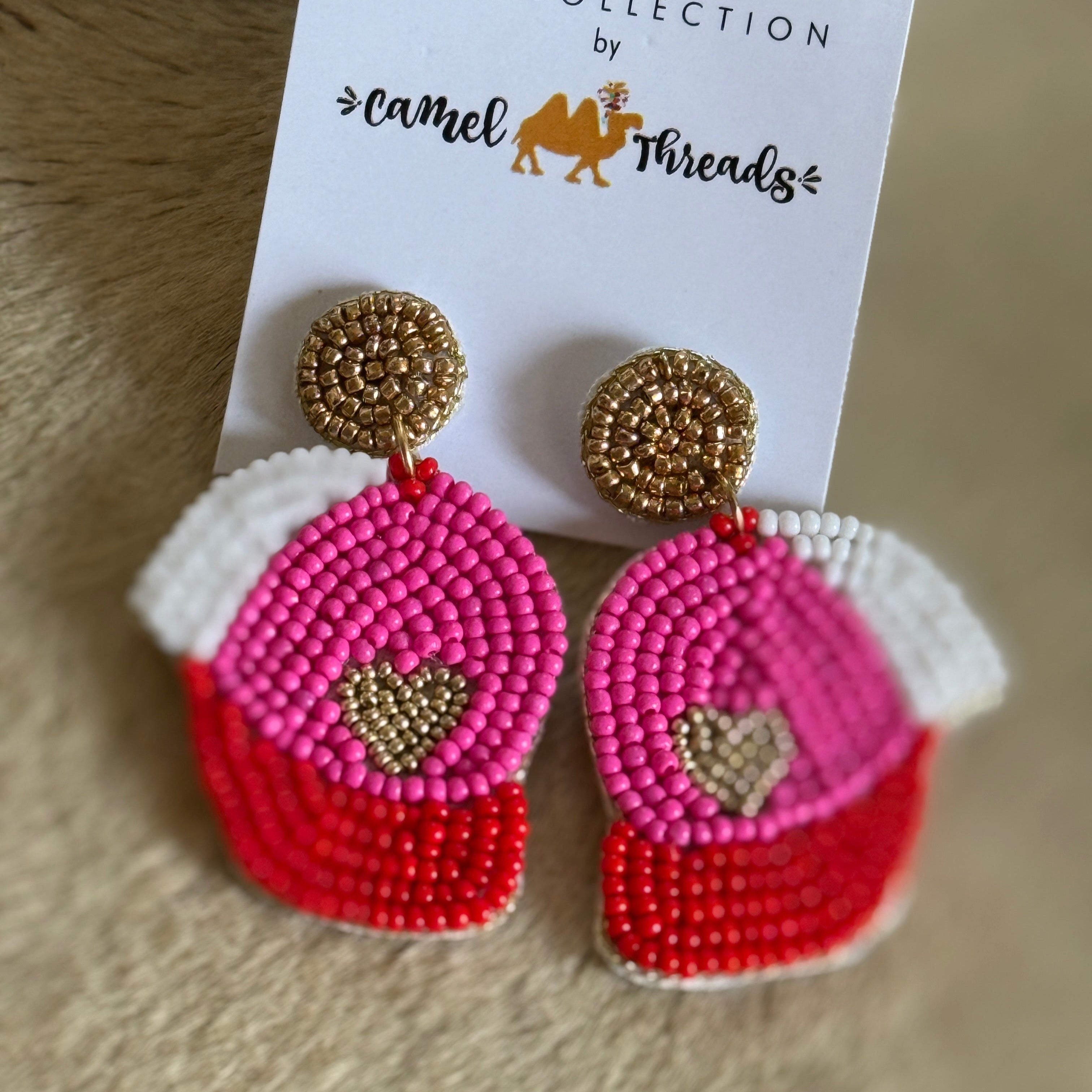 Beaded Earrings- ball cap w/ heart