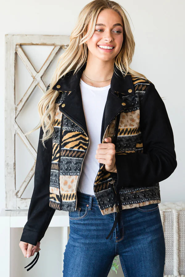 JACQUARD MIXED SUEDE MOTO JACKET-BLACK