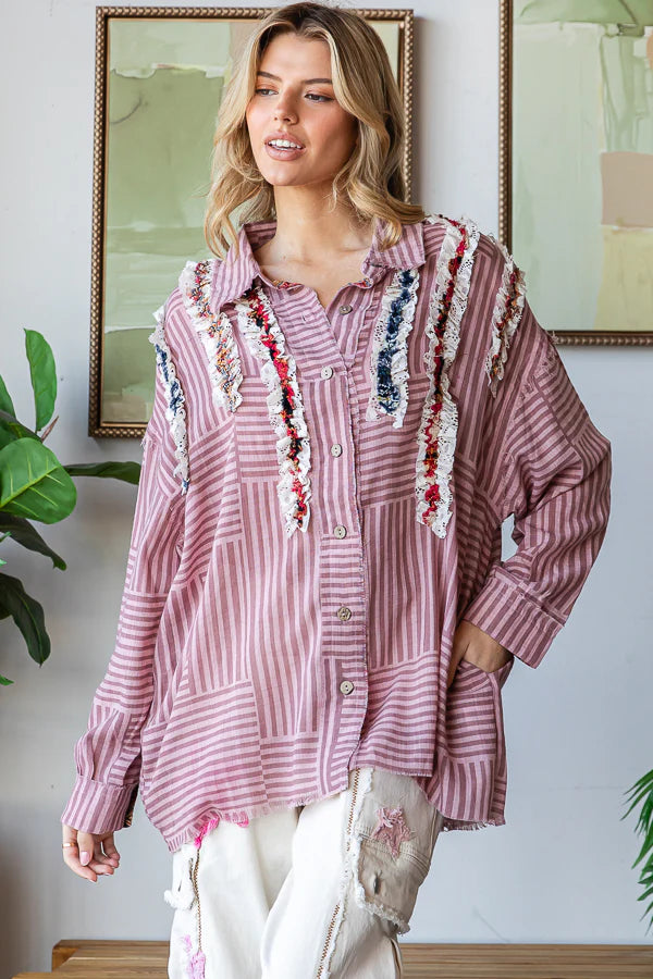 RUFFLE CONTRAST DETAIL STRIPED BUTTON DOWN SHIRT