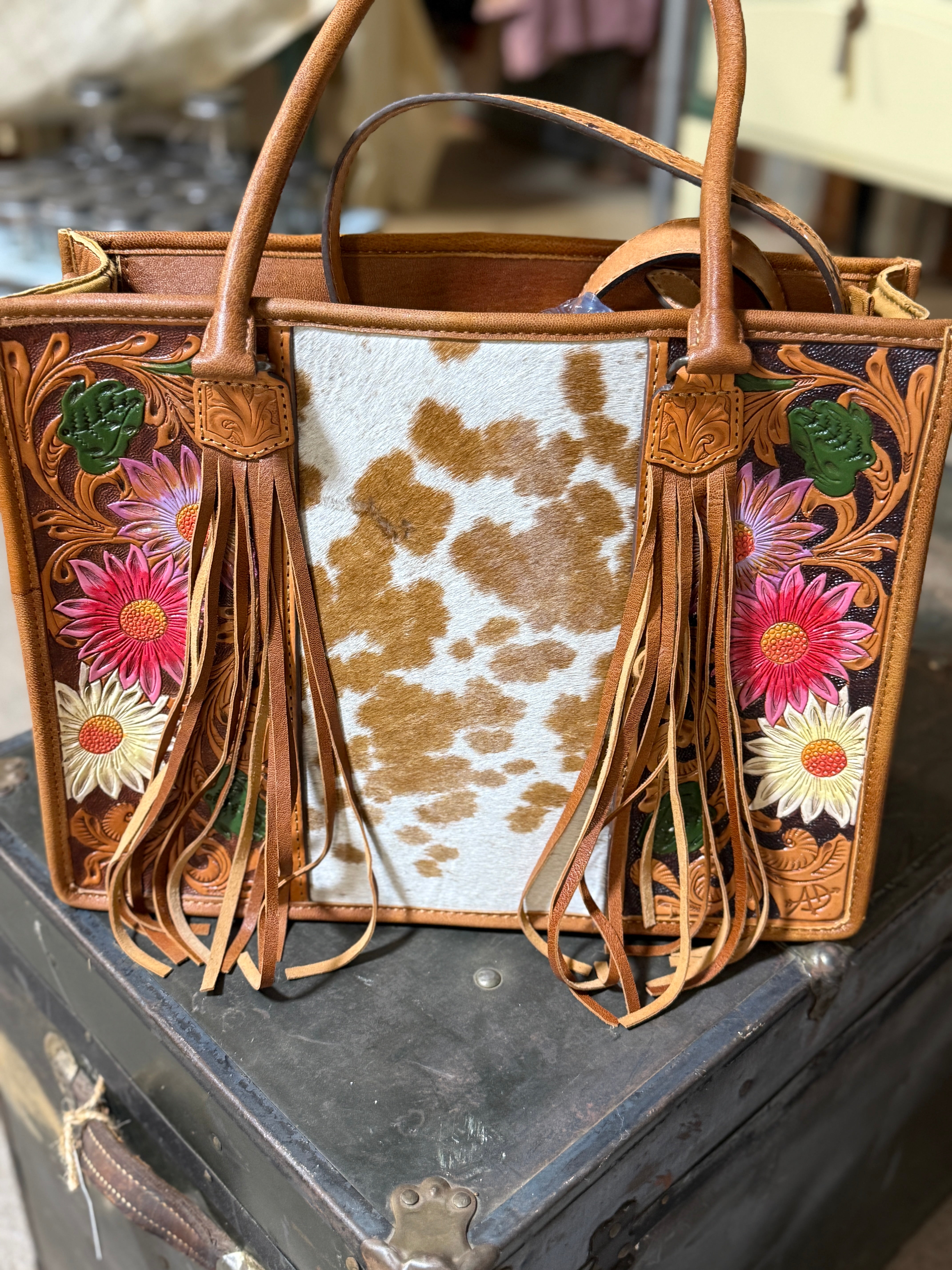 Hand Tooled Leather Tote Bag with Hide- Painted Floral Design