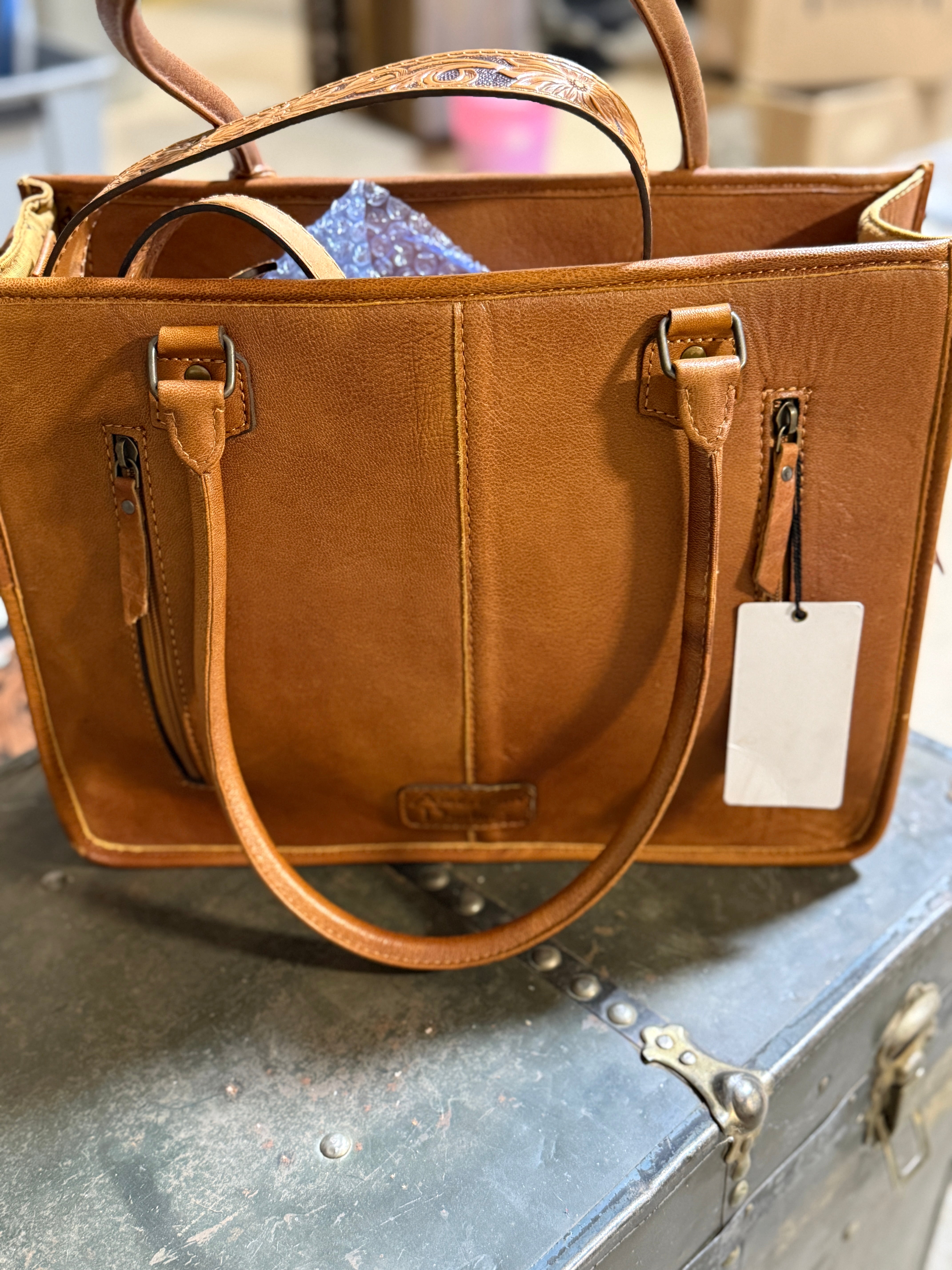 Hand Tooled Leather Tote Bag with Hide- Painted Floral Design