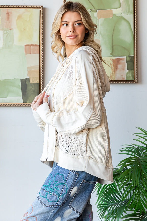 Washed Waffle Lace Zip Up Long Sleeve Jacket