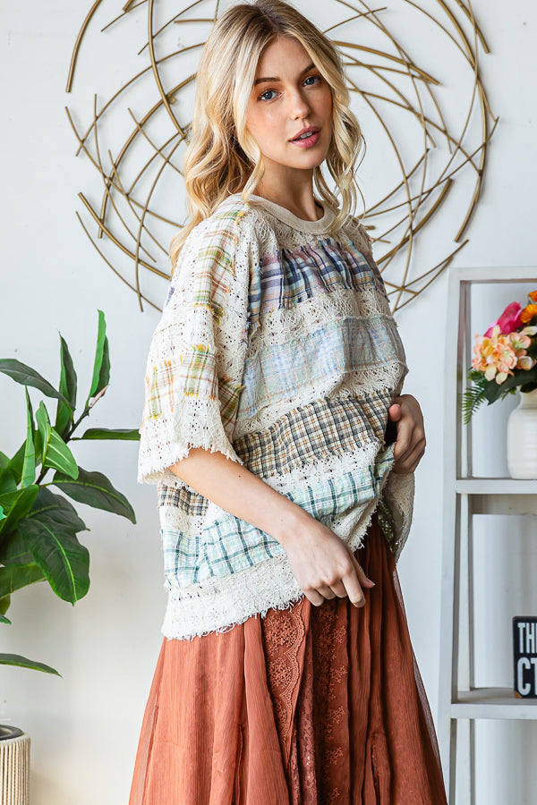 Washed Lace and Plaid Mix Top