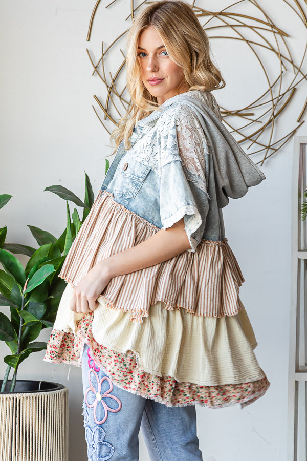 Washed Fabric Mixed Ruffle Top