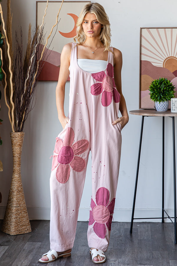 Washed Big Floral Pink Overalls