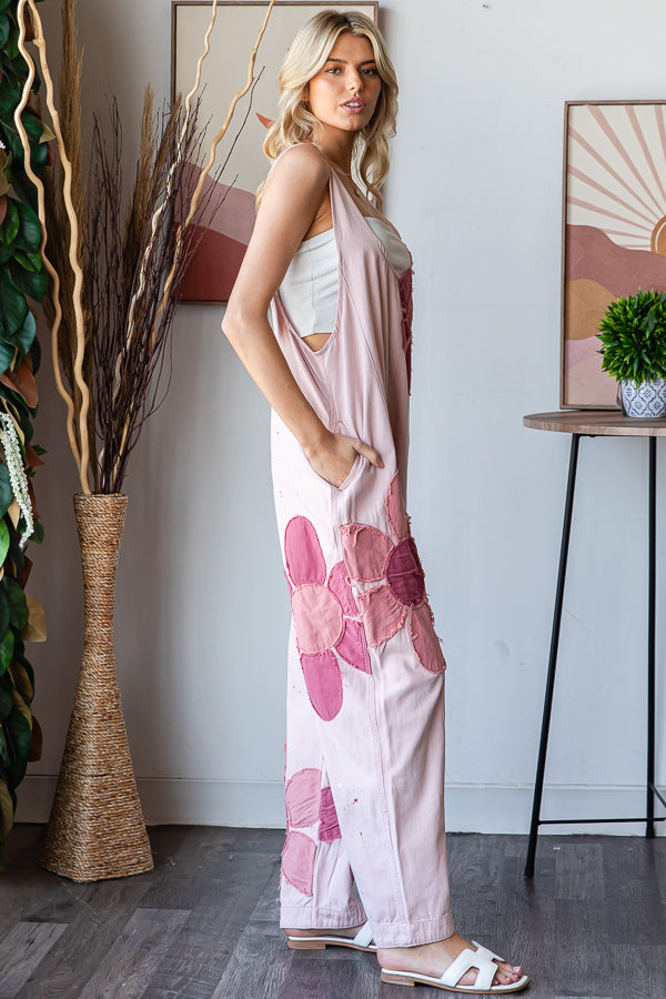 Washed Big Floral Pink Overalls