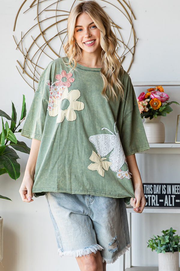 Washed Flower And Butterfly Top