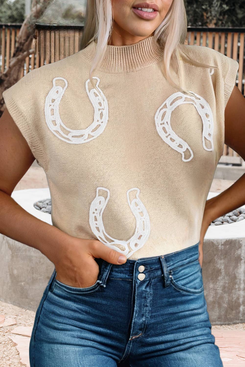 Spring Western Cowgirl Horseshoe Mock Neck Knit Top