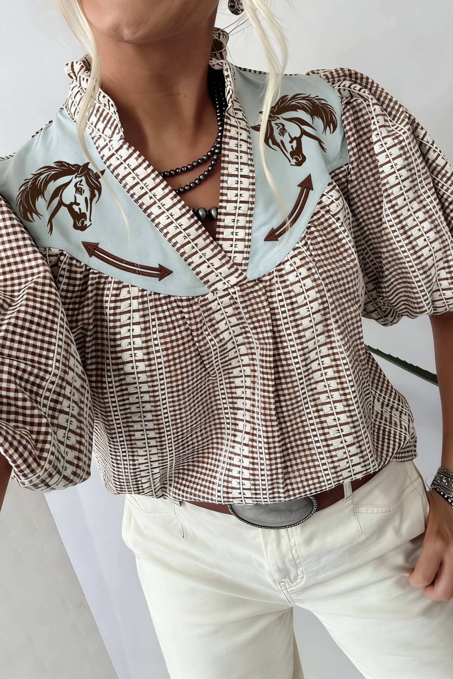 Western Pony Embroidered Yoke Puff Sleeve Blouse