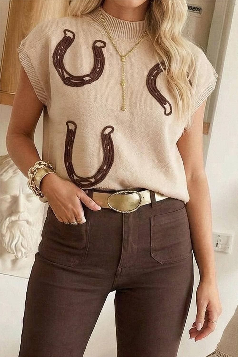 Spring Western Cowgirl Horseshoe Mock Neck Knit Top