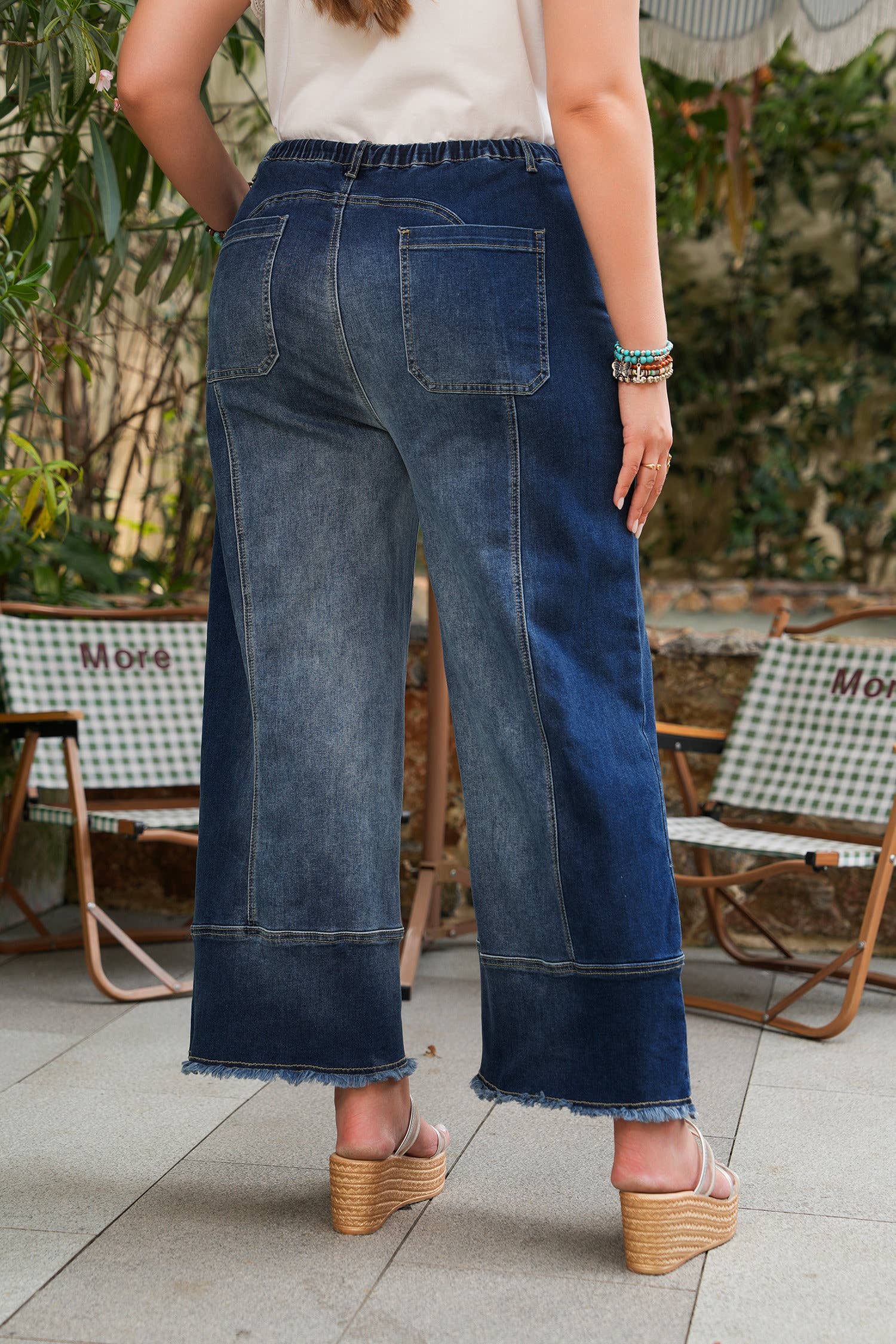 Drawstring Seam Detail Raw Hem Wide Leg Denim Pants