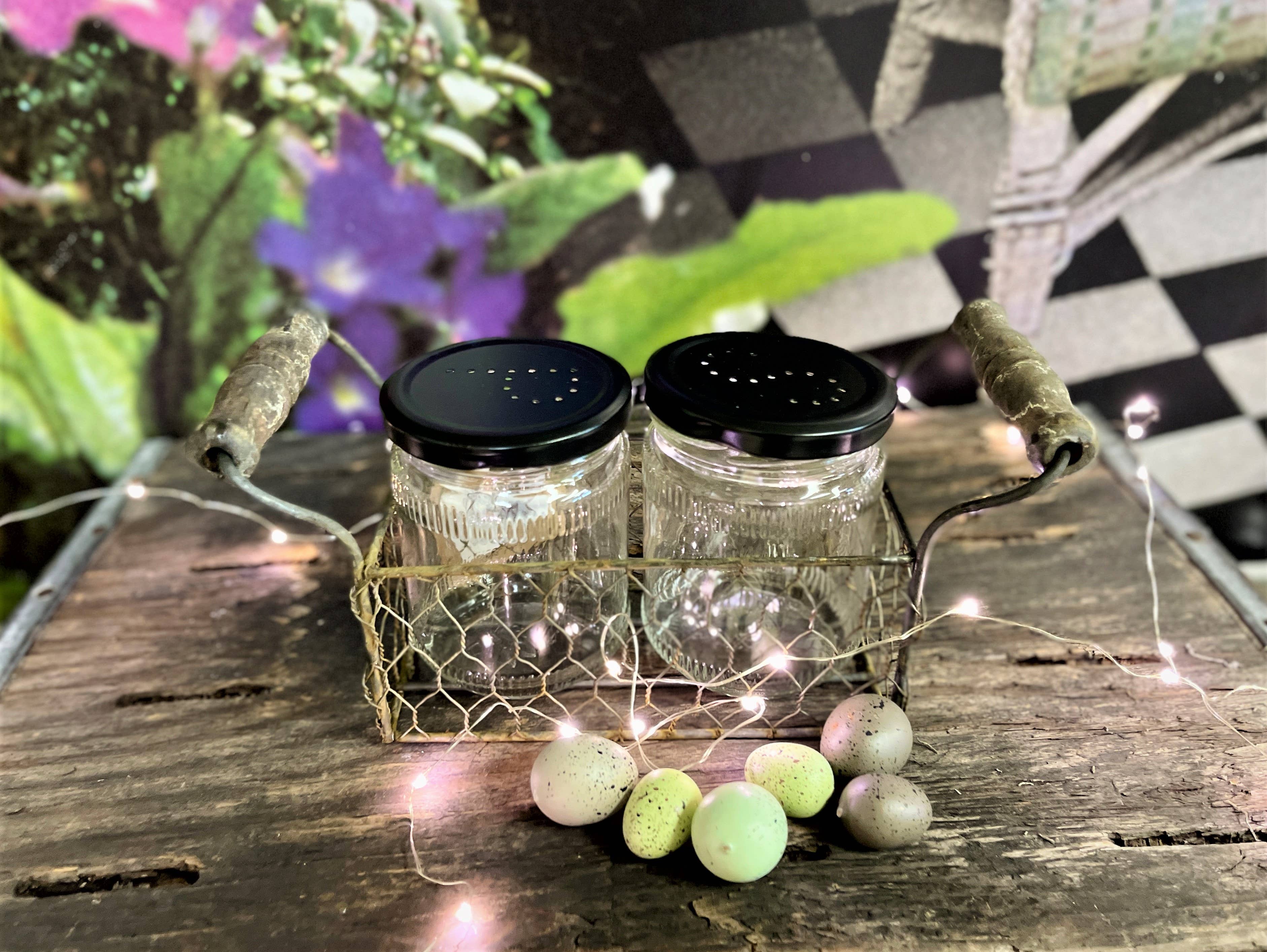 GRAY ZINC 2 JAR HODER W/BLACK "SALT & PEPPER" LIDS