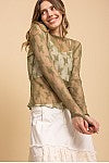 Embroidered Long Sleeve Mesh Top- Olive