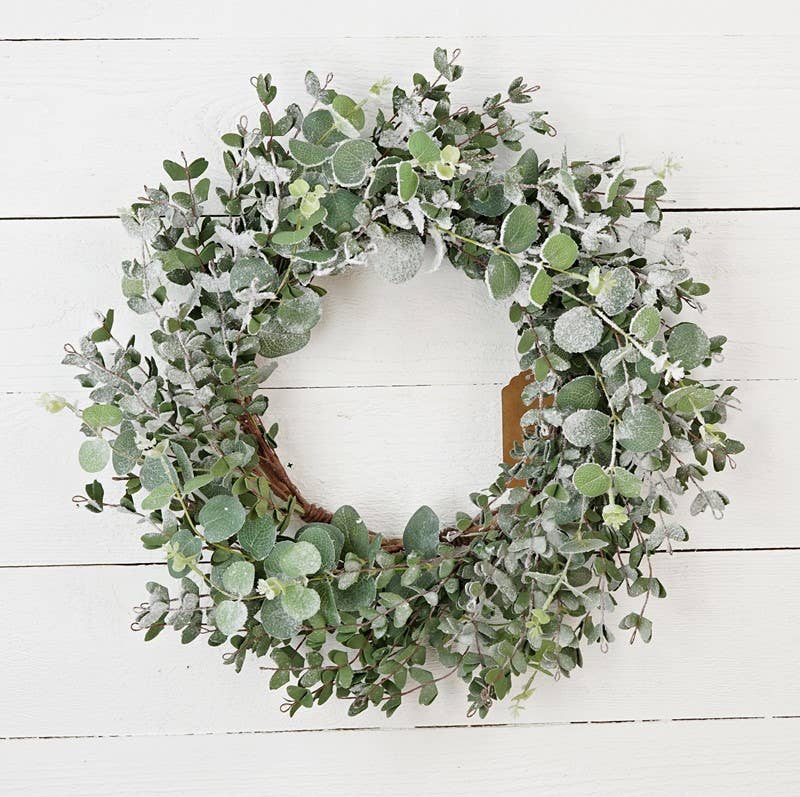 28670- 22in Wreath-Snowy Flocked Mixed Eucalyptus Leaves-