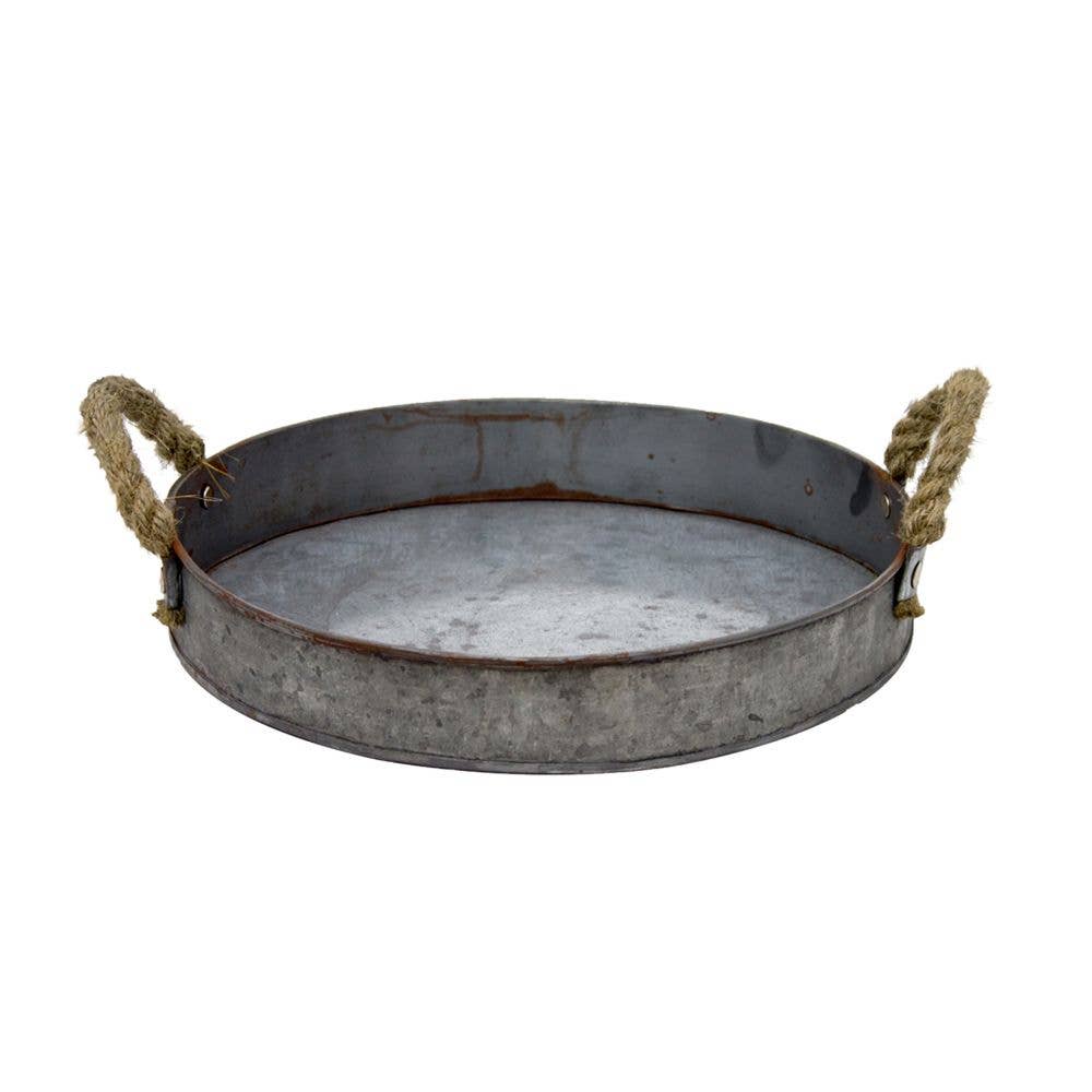 Galvanized Tray with Rope Handle - 10.5 in Diameter