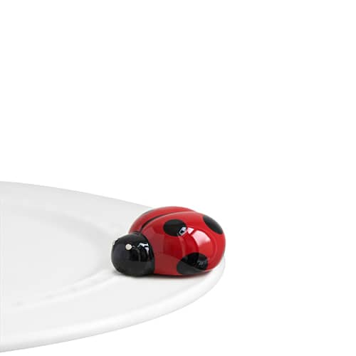 A bright red and black ladybug figurine placed on a white plate against a white background.