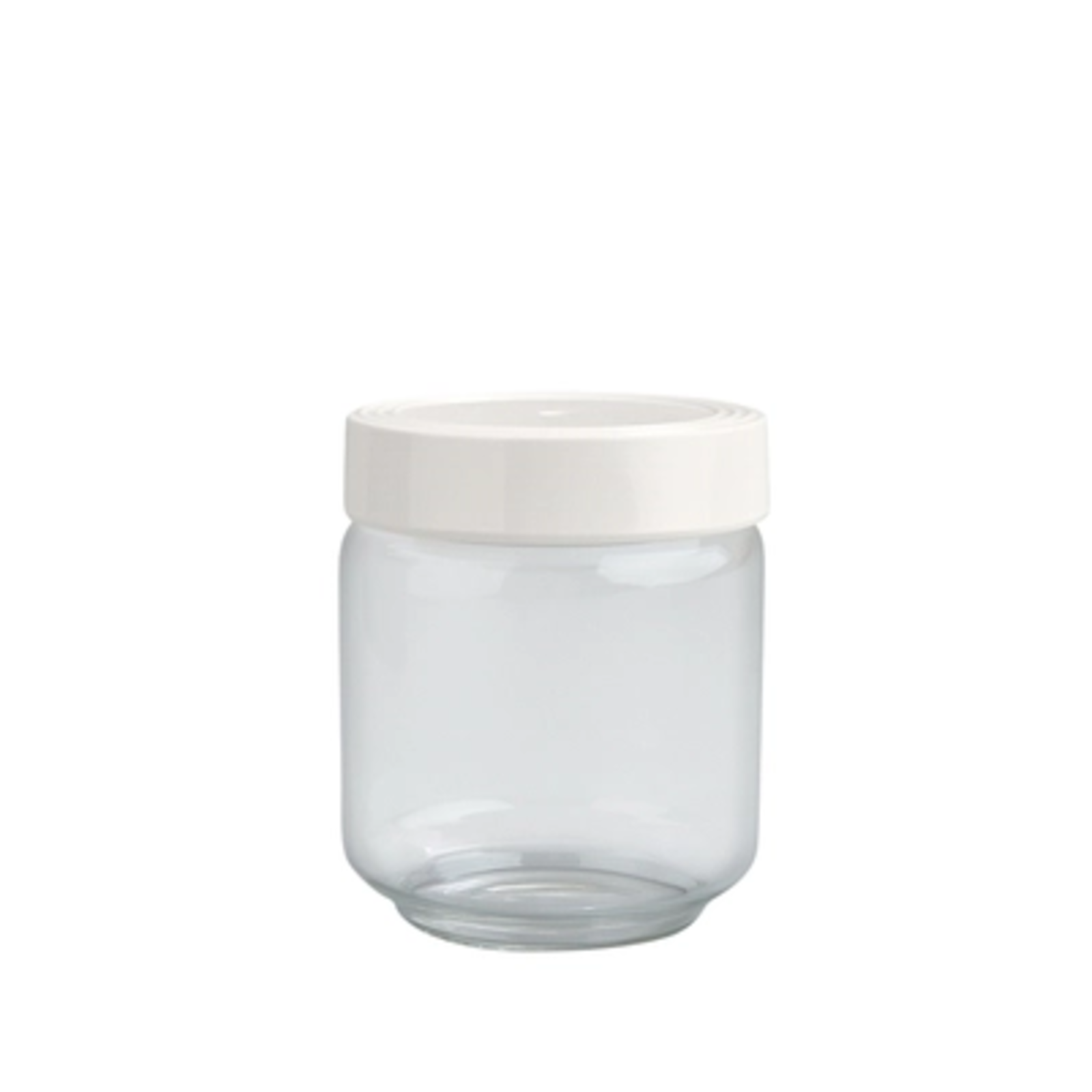 A clear glass canister with a white lid, part of the Nora Fleming brand.